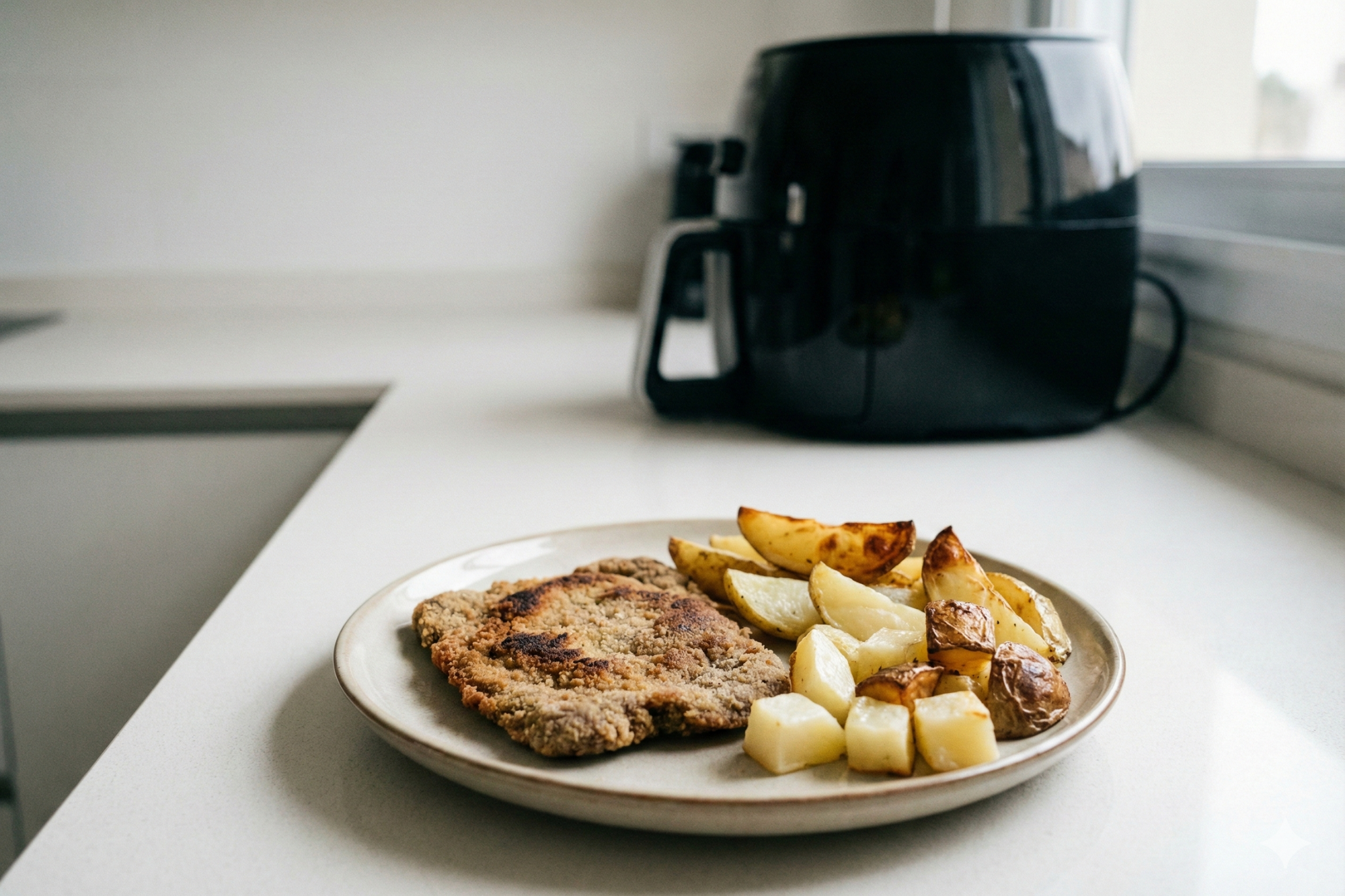 Comida cotidiana - milanesa con papas en airfryer