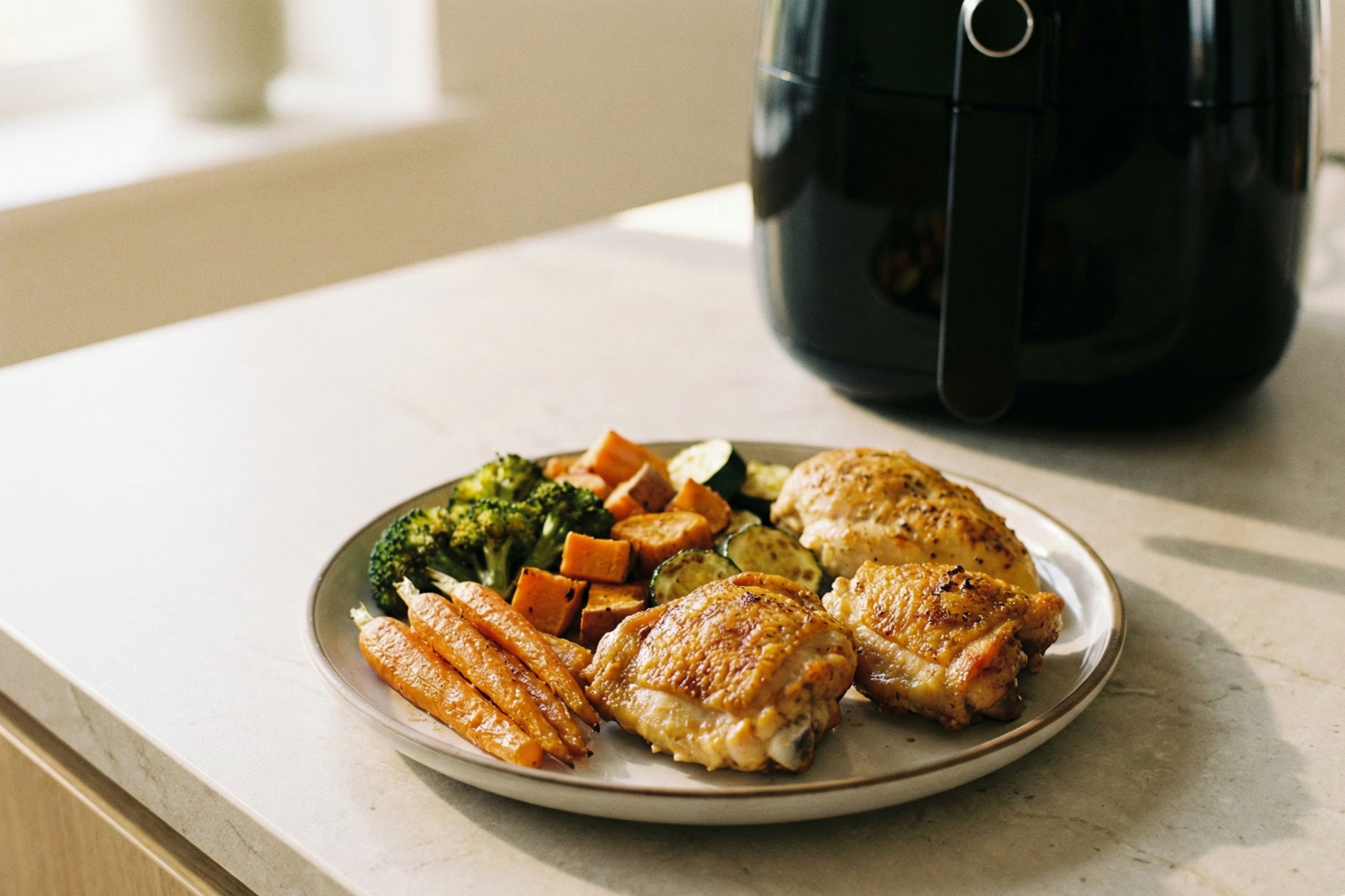 Resultado final atractivo - salmón con vegetales en airfryer