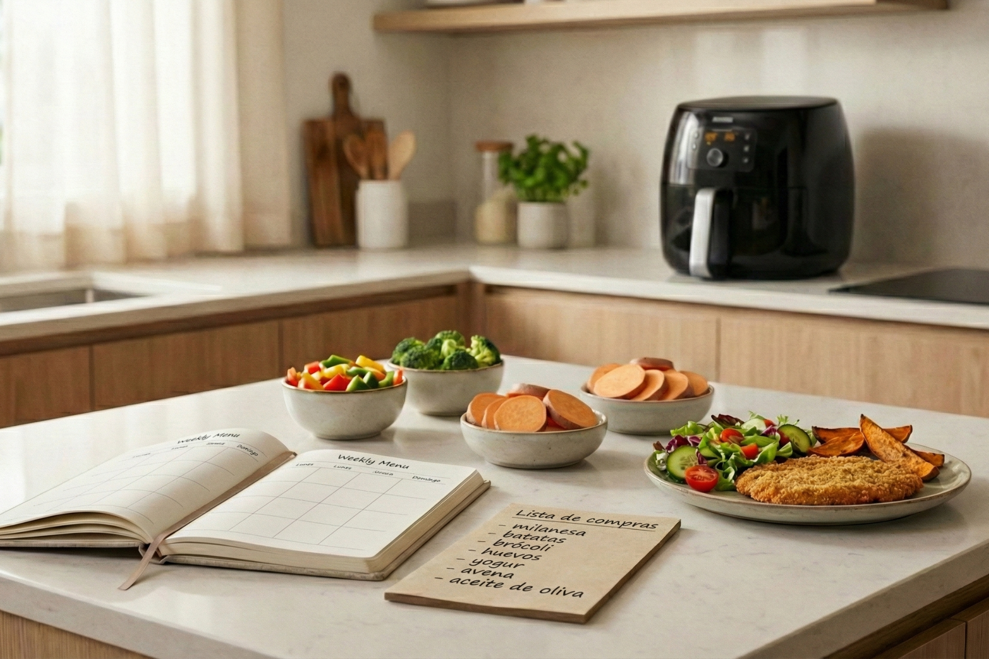 Menú semanal con ingredientes frescos y airfryer